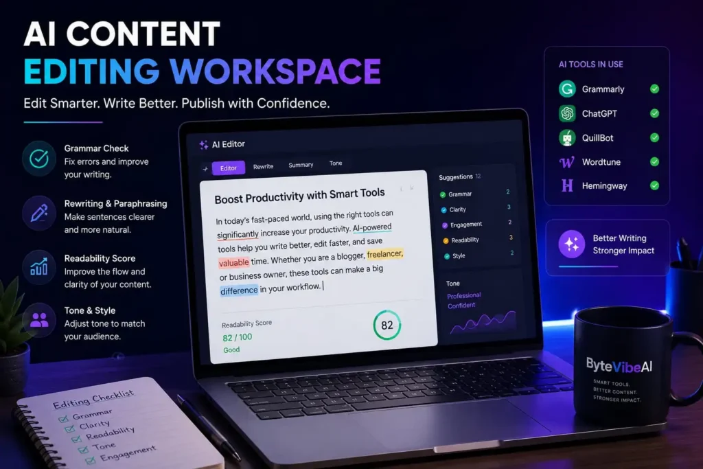 AI Content Editing Tools dashboard showing grammar checking and readability improvements