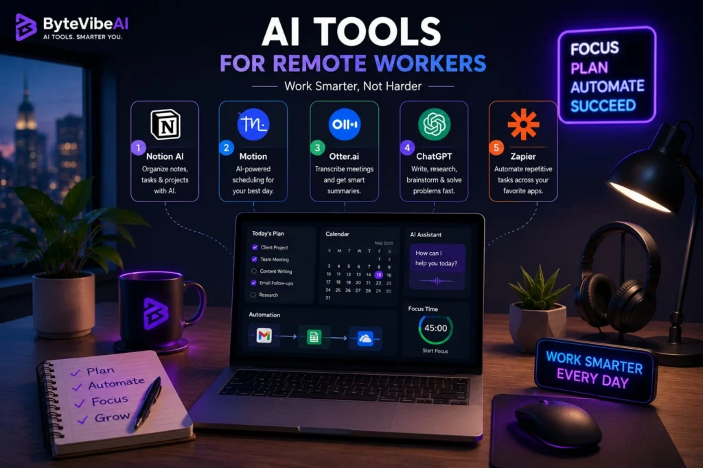 Top Free AI Tools for Remote Workers workspace with productivity and automation tools