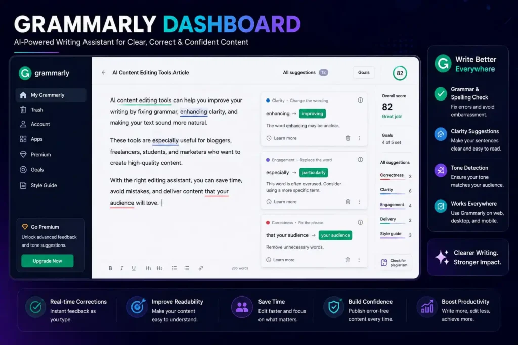 Grammarly AI Content Editing Tool improving grammar and readability