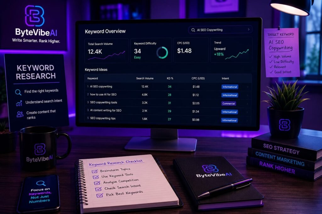 Keyword Research and Content Planning Keyword research and content planning workspace for SEO copywriting