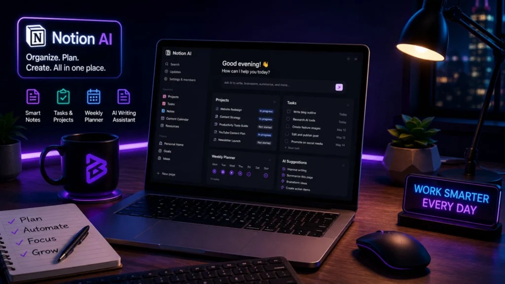 Top Free AI Tools for Remote Workers using Notion AI to organize projects and daily tasks
