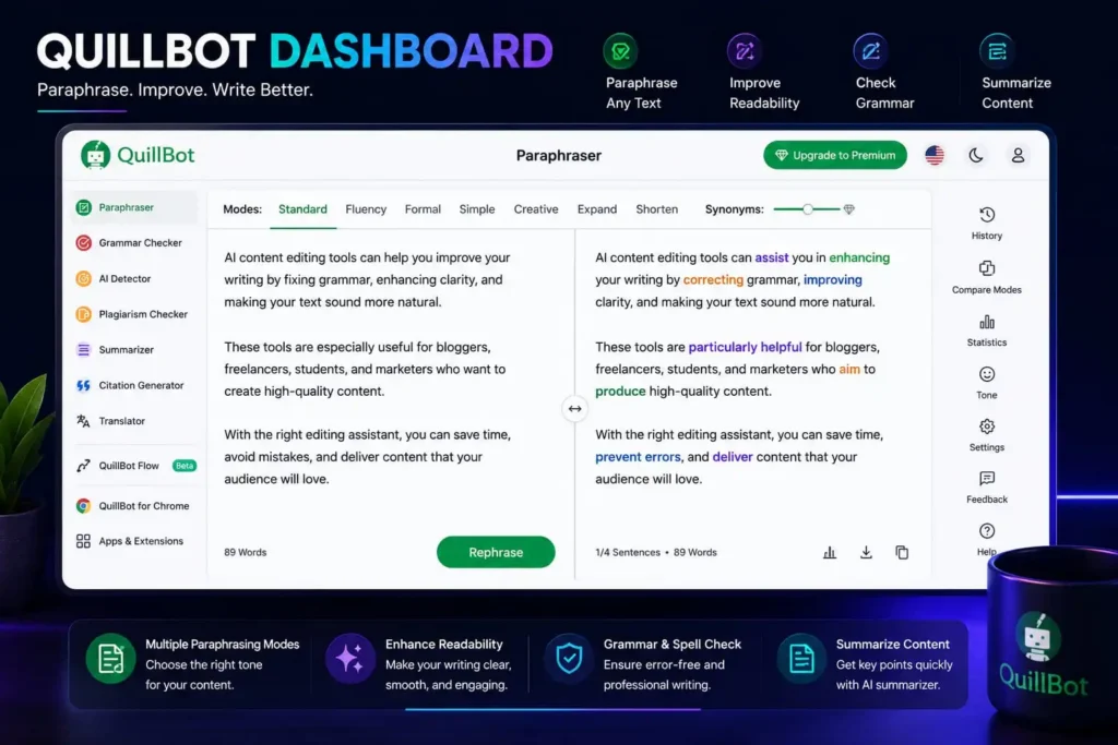 QuillBot AI Content Editing Tool for paraphrasing and improving readability