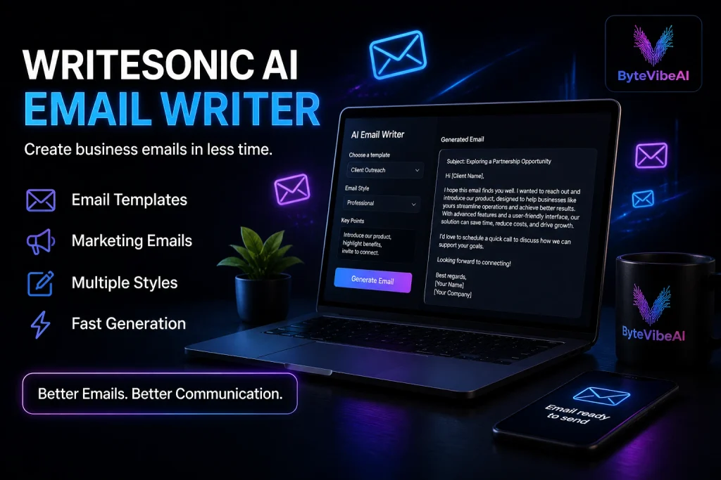 Writesonic AI email writer creating a business email from a ready-made 