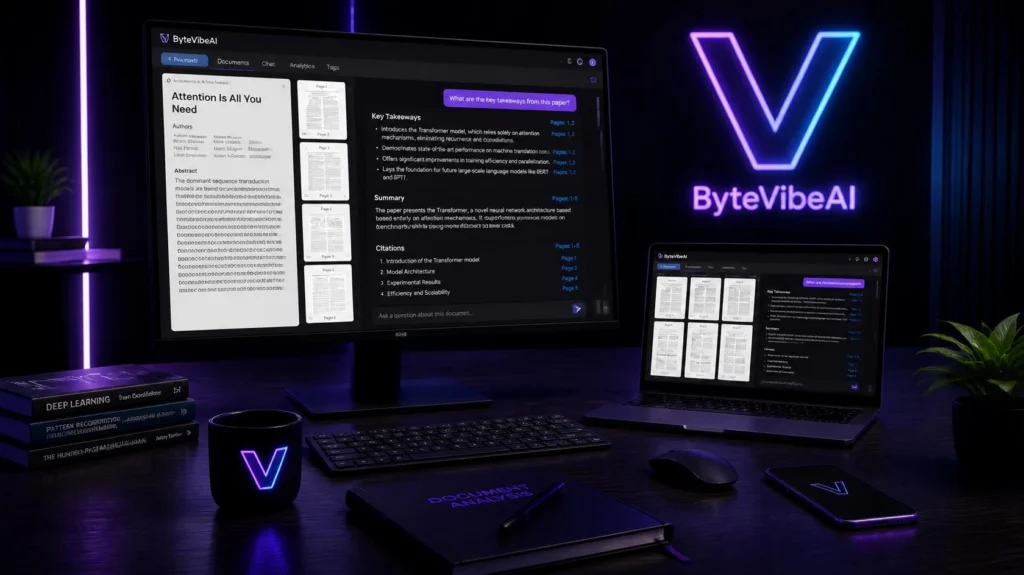 AI PDF Summarizer Dashboard Interface Modern dual-screen workspace displaying a free AI PDF summarizer chat panel with page citation links