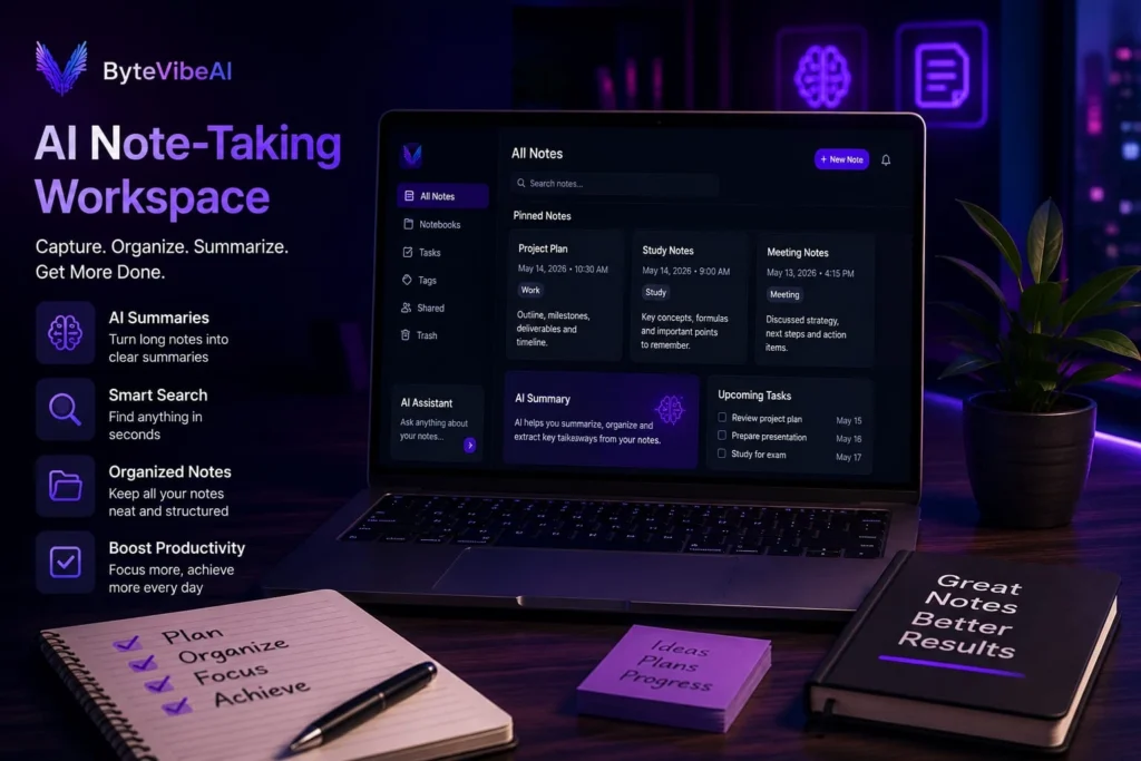 AI Note-Taking Apps workspace with digital notes, study materials, and productivity tools