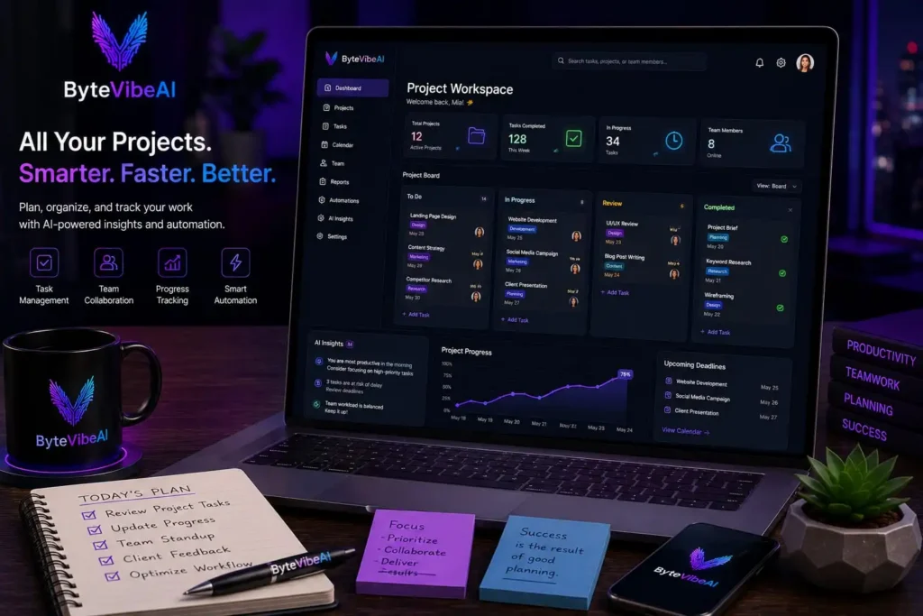 AI-Powered Project Management Tools workspace with project boards, task planning, and productivity dashboard