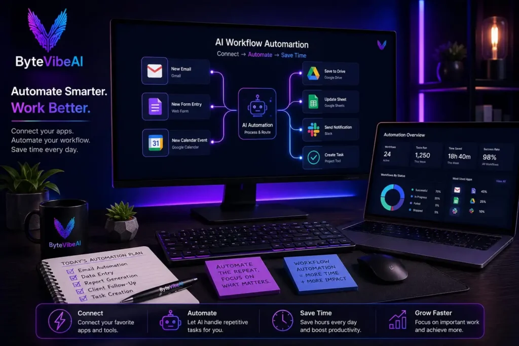 AI Workflow Automation Workspace Free AI Automation Tools workspace showing connected apps, automated workflows, and productivity dashboard