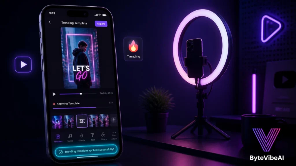 CapCut AI Video Editor : CapCut mobile app editing a short-form video with AI captions