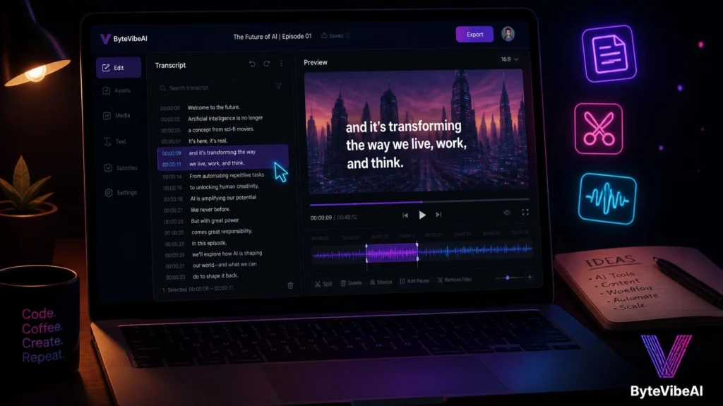 Descript editing a faceless video by editing the transcript