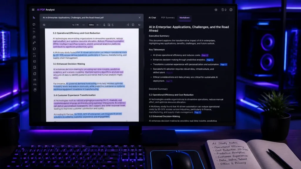 AI PDF Structured Summary and Markdown Notes View Widescreen monitor displaying structured executive bullet points generated by a free AI PDF summarizer
