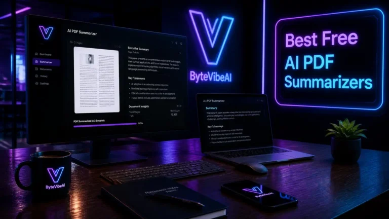A premium dark neon workspace showing a free AI PDF summarizer processing a 50-page document in seconds