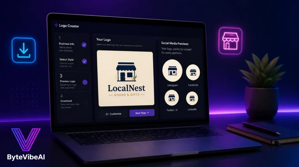 Hatchful generating a free small business logo with social media sizing