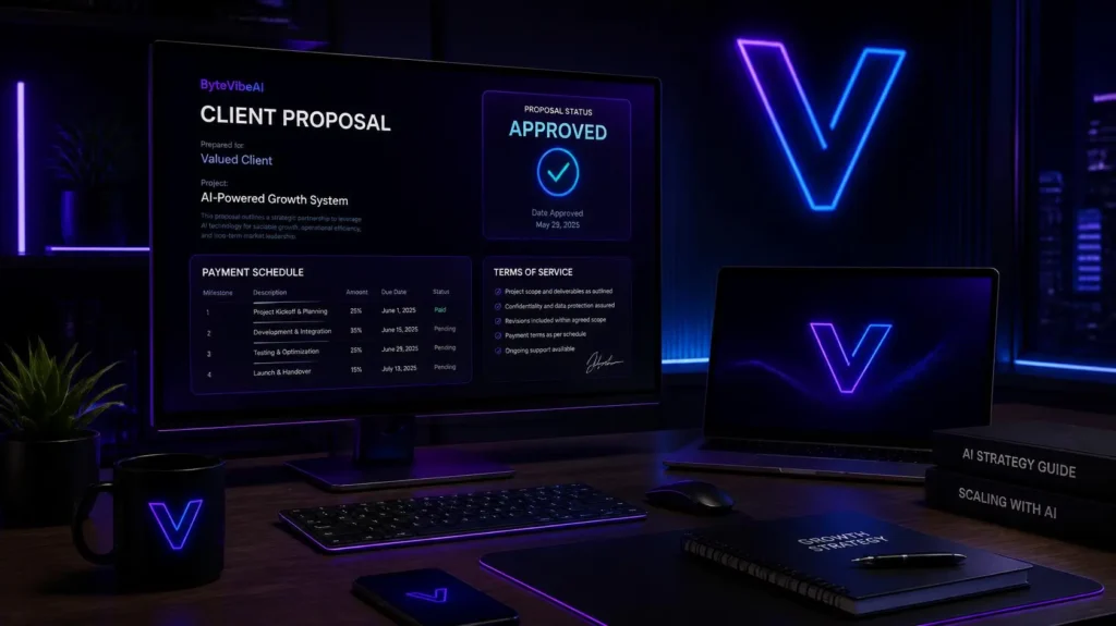 A professional dashboard showing AI business proposal templates and instant client quotes
