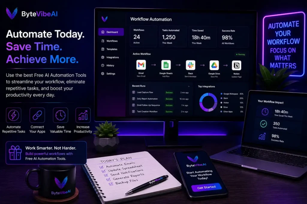 Professional Workflow Automation Workspace Free AI Automation Tools workspace showing connected applications, automated workflows, and productivity dashboard