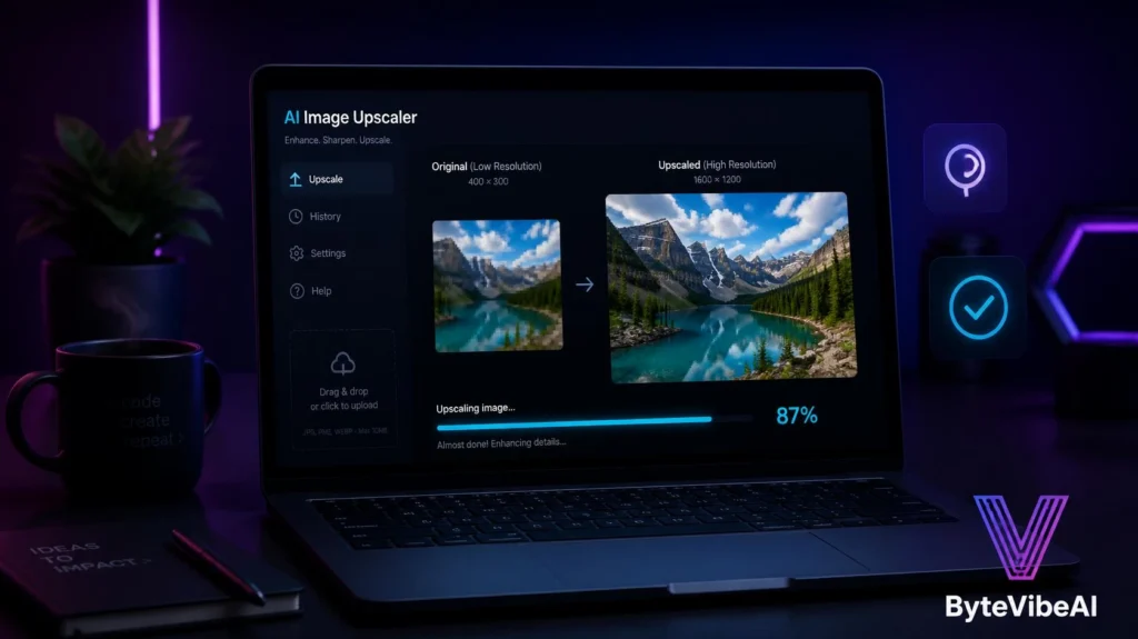 Upscale.media enhancing a low-resolution photo with AI