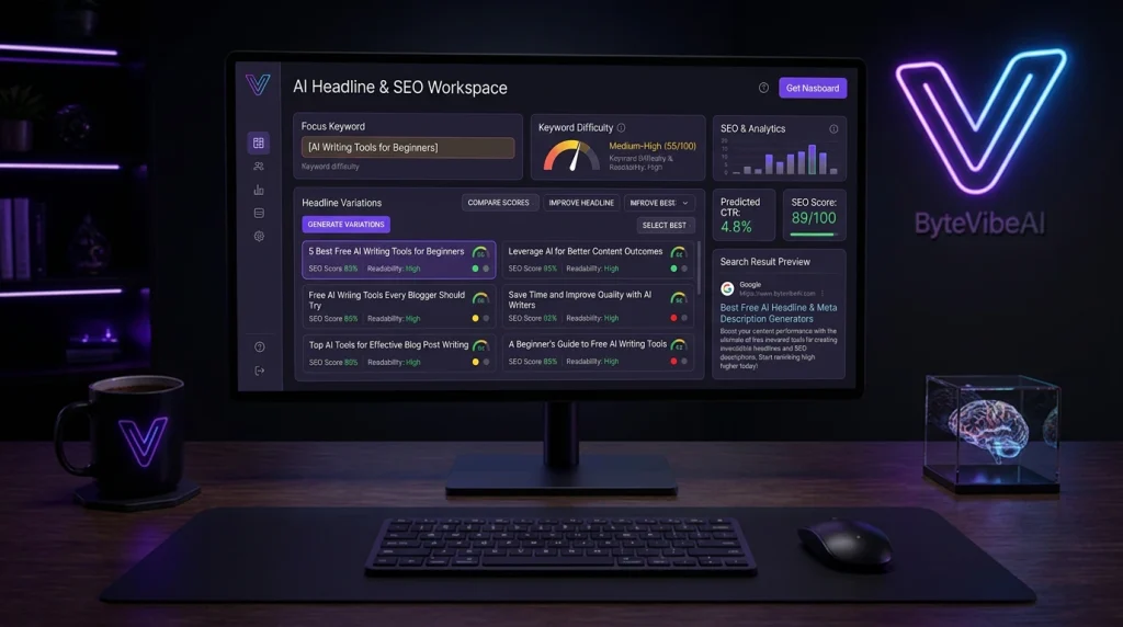 AI Headline and SEO Workspace dashboard showing headline variations and SEO score