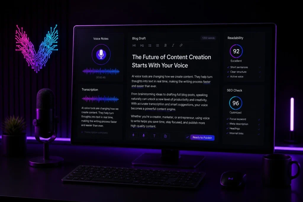 ai-speech-to-text-blog-writing-workflow AI speech to text workflow showing blog draft and SEO score