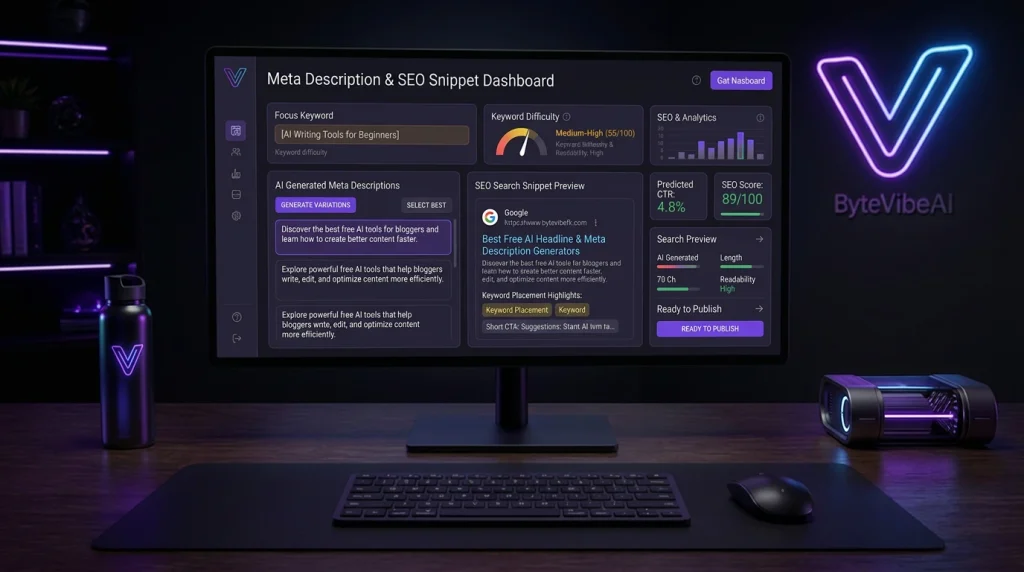 Meta Description and SEO Snippet Dashboard showing generated descriptions and preview