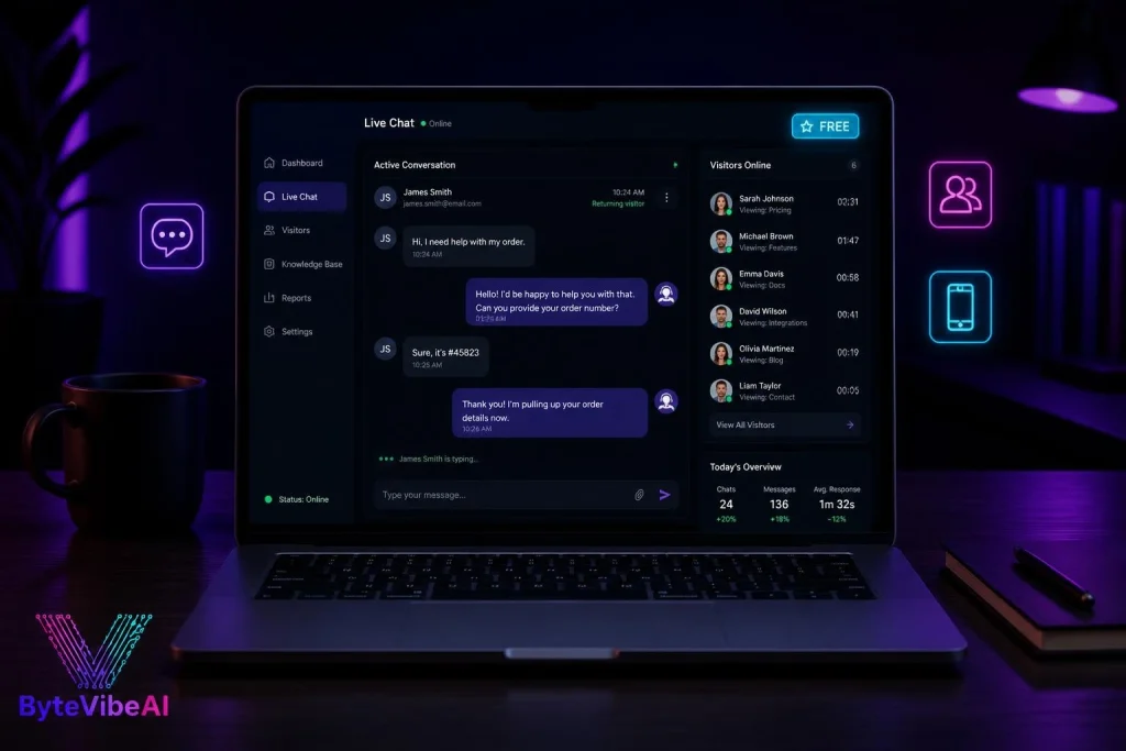 A free live chat interface and knowledge base dashboard on a laptop for customer support