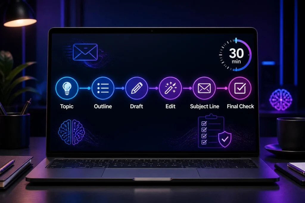A laptop screen displaying a step-by-step process to write a newsletter with AI in 30 minutes.