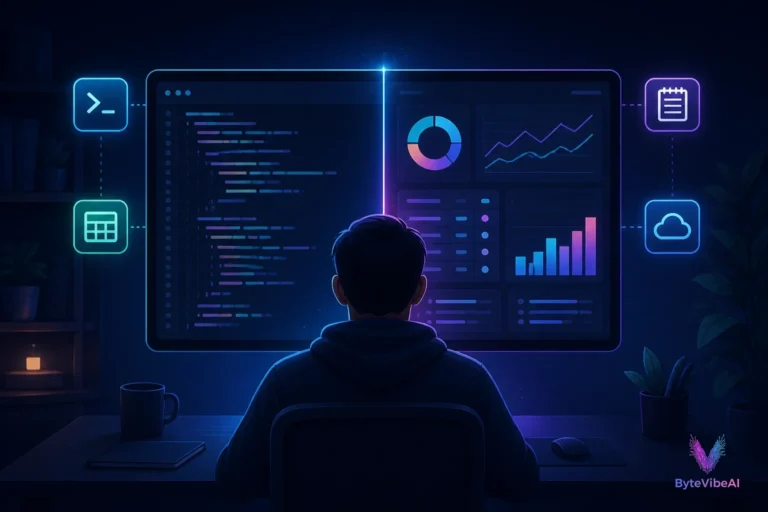 Developer using an advanced ai code interpreter and data analysis dashboard in a dark neon workspace