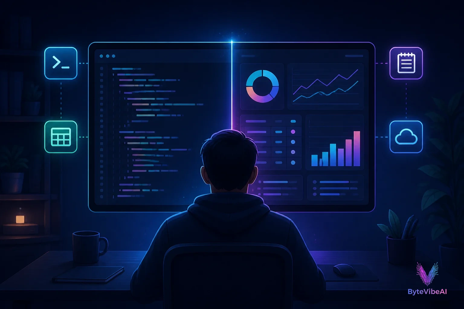 Developer using an advanced ai code interpreter and data analysis dashboard in a dark neon workspace