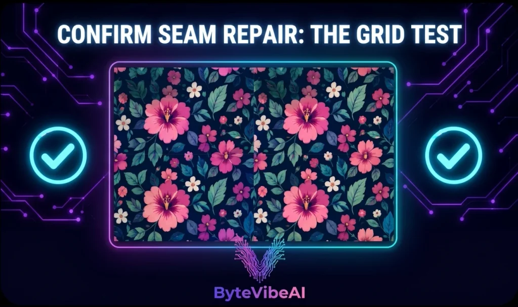 3x3 grid test showing how to fix seams in AI generated patterns on a dark neon background