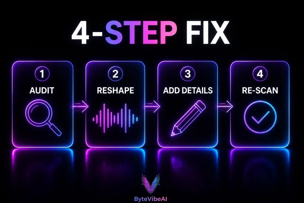4-step workflow to fix AI detection false positives: audit, reshape, add details, re-scan