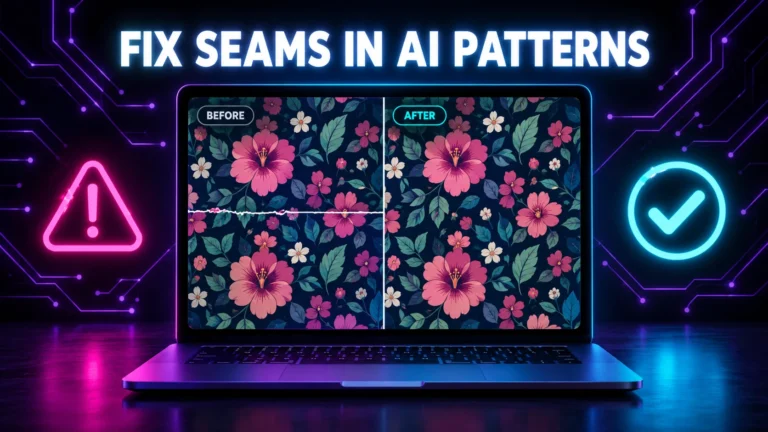 Before and after split screen on a laptop showing how to fix seams in AI generated floral patterns