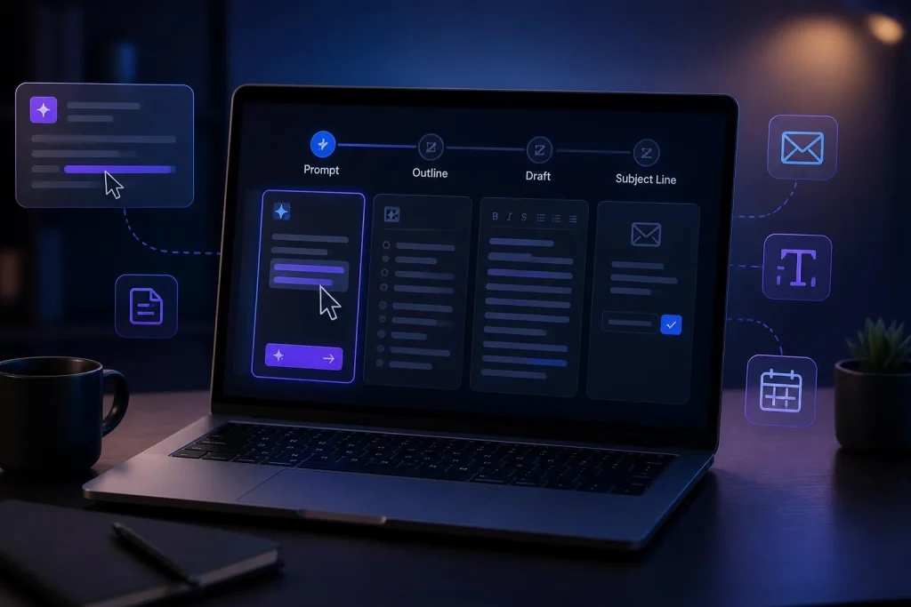 Laptop displaying the AI prompts interface used to write a newsletter with AI.