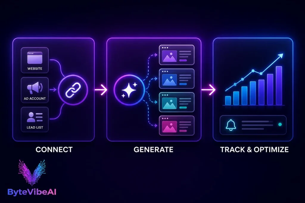 GenPage three-step workflow: connect, generate, then track and optimize