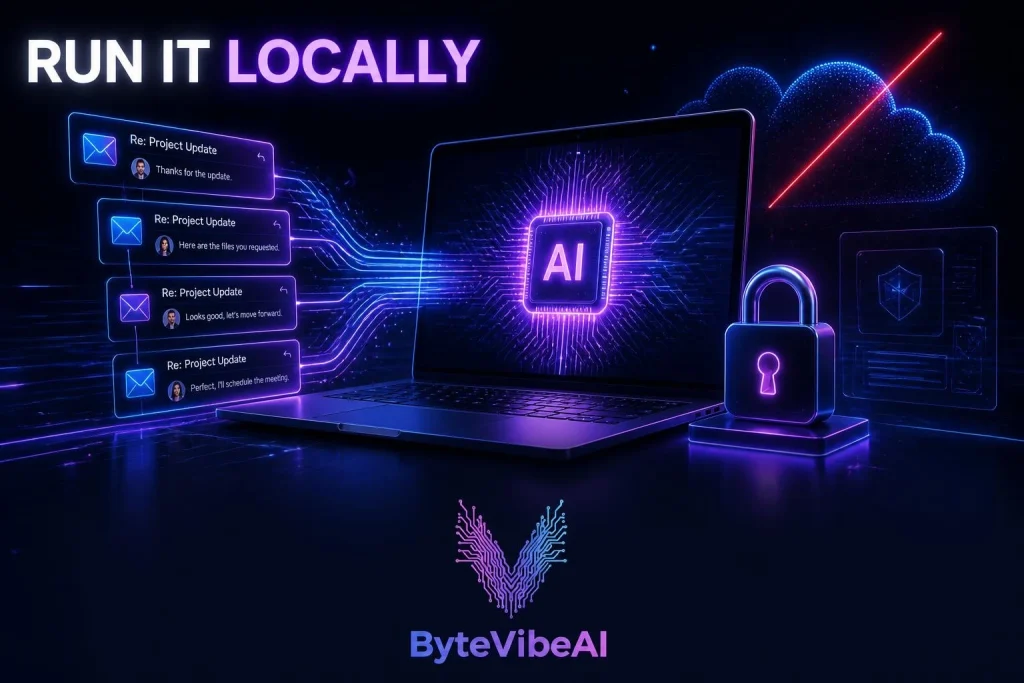Laptop running a local AI model to summarize an email thread on the device
