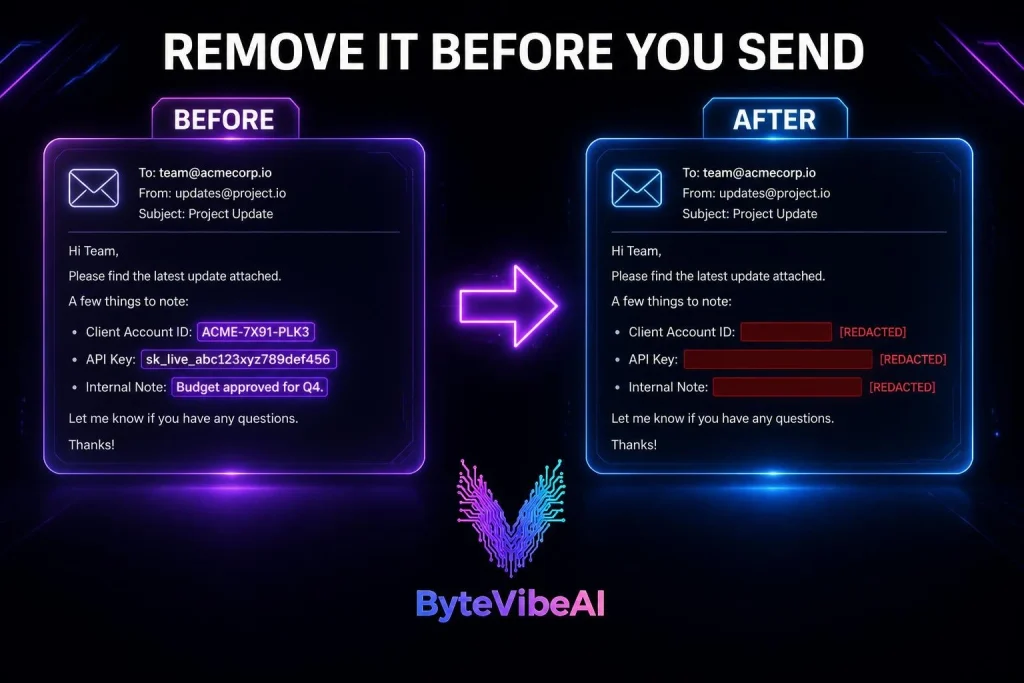 Before and after example of removing sensitive details from an email before AI summarization