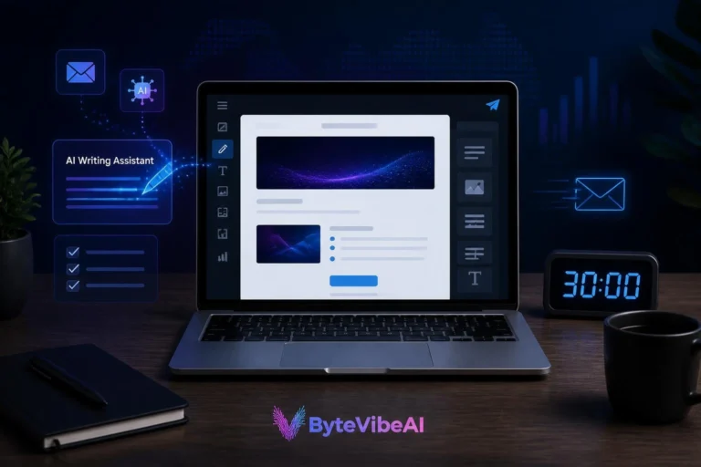 Laptop displaying an email editing interface being used to write a newsletter with AI, showing glowing UI icons and a '30:00' timer.